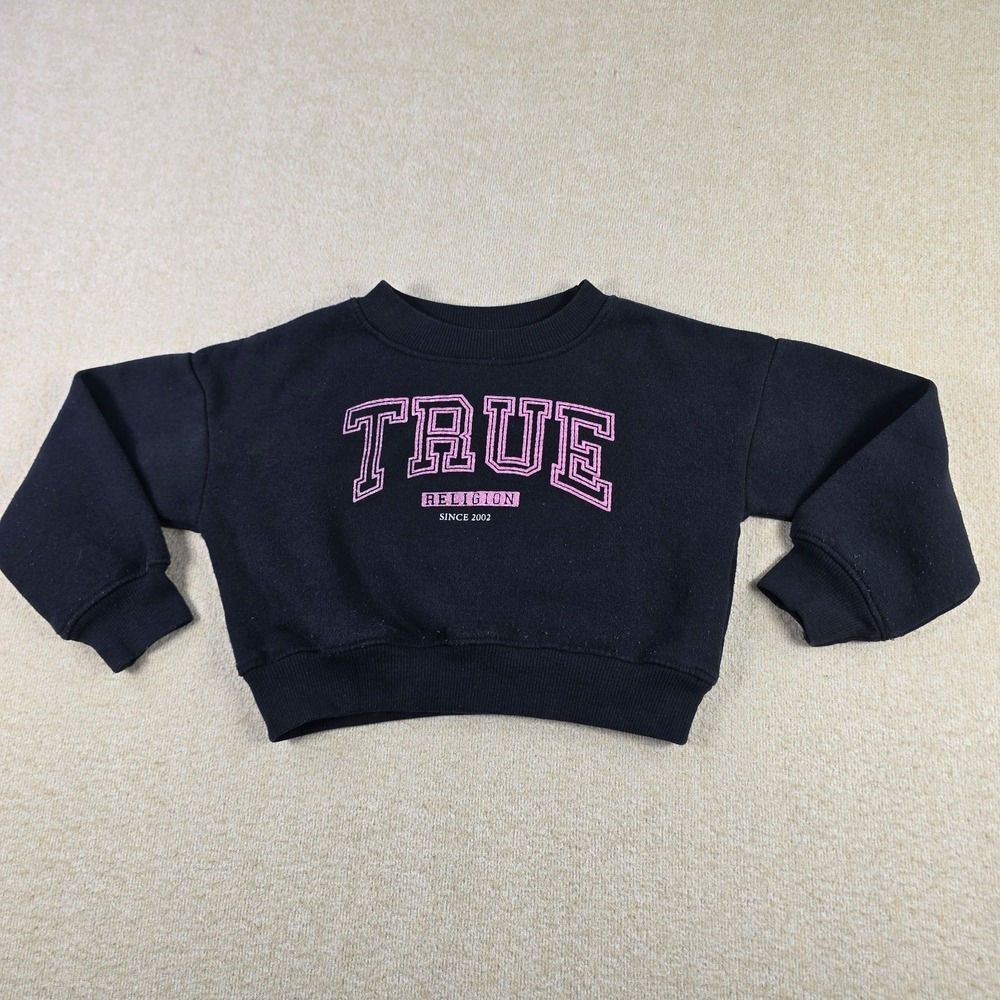 True Religion Kids Sweatshirt Black Pink Logo Crewneck Size M 5/6